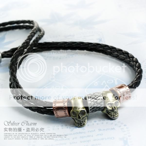 New Men Skull Braided Twist Rop Black leather necklace  