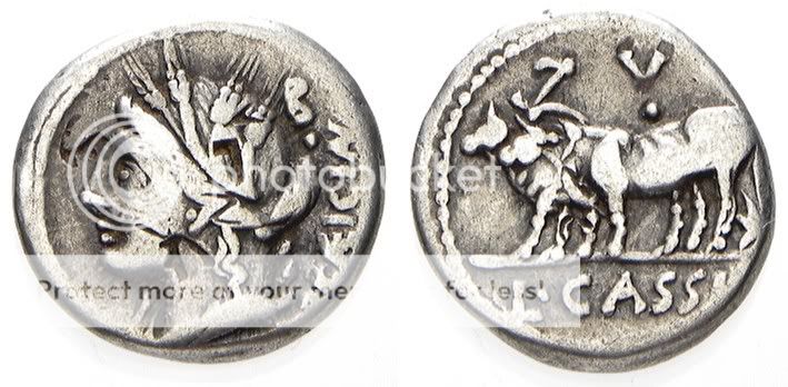 028. CASSIA 4, AR Denarius. Ceres / 2 Oxen. Fine  